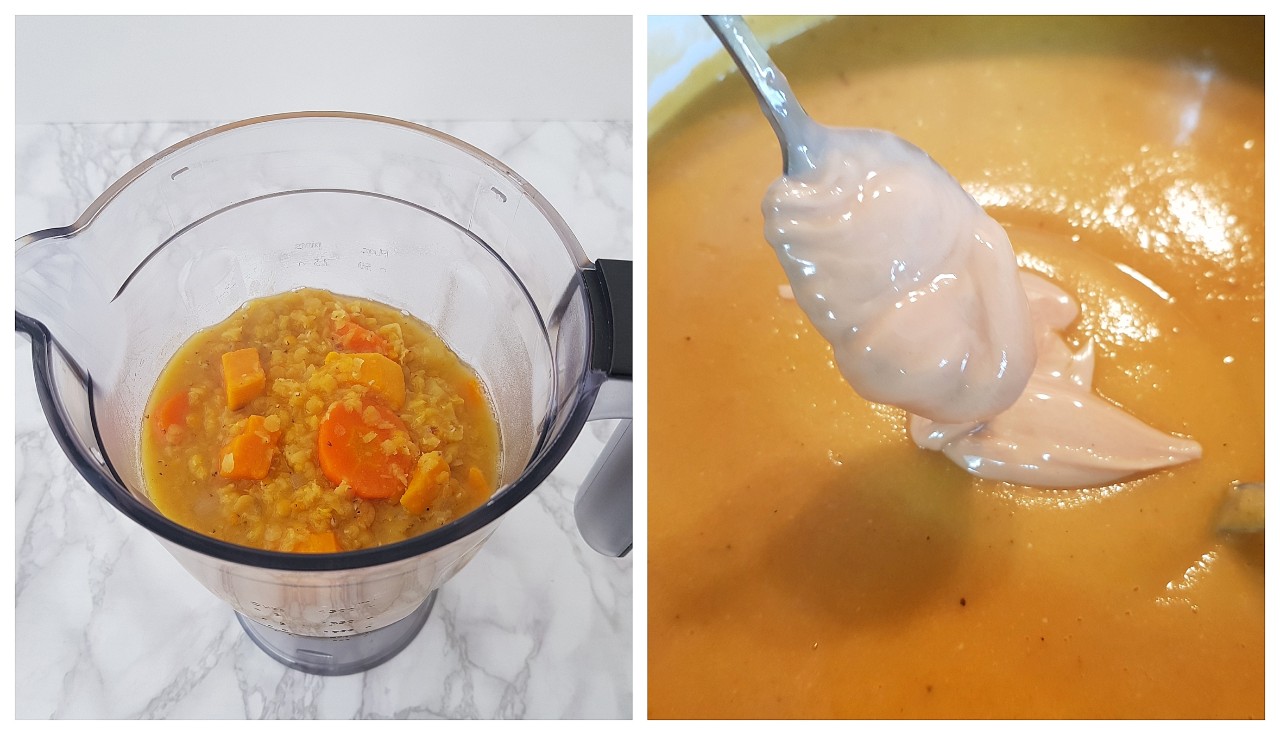 Supa crema de linte cu cartofi dulci si unt de arahide